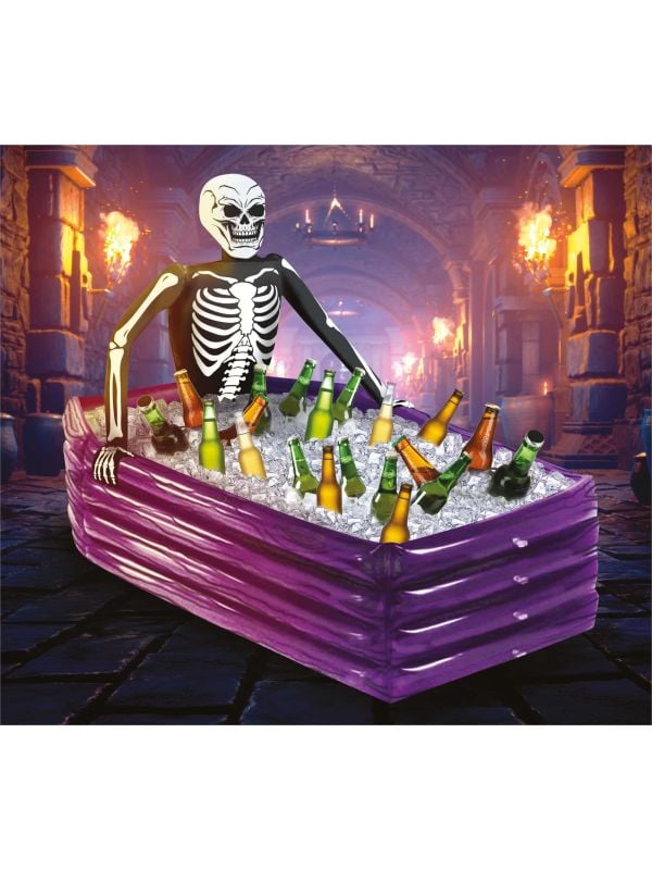 Opblaasbaar koelbad skelet in kist paars 100 x 35 cm halloween