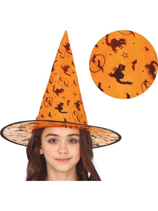 Oranje heksenhoed met halloween figuren kind