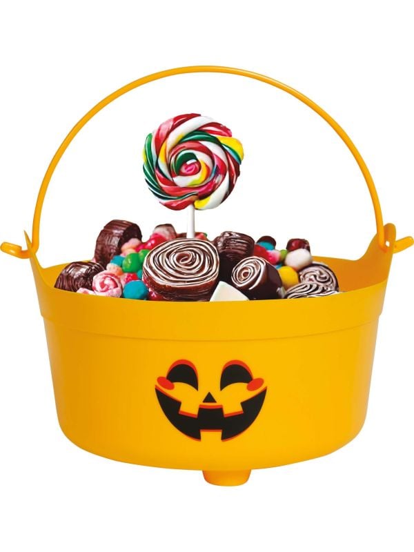 Oranje pompoen snoepketel met hendel 24 x 23 x 15 cm halloween