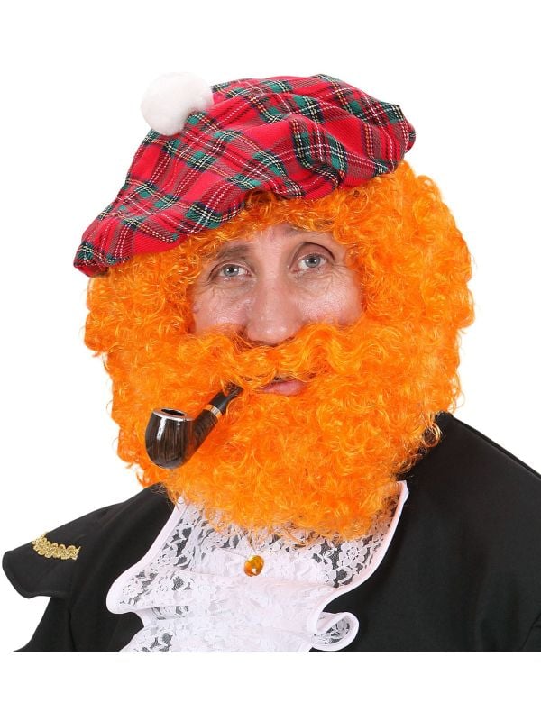 Oranje pruik met snor en baard