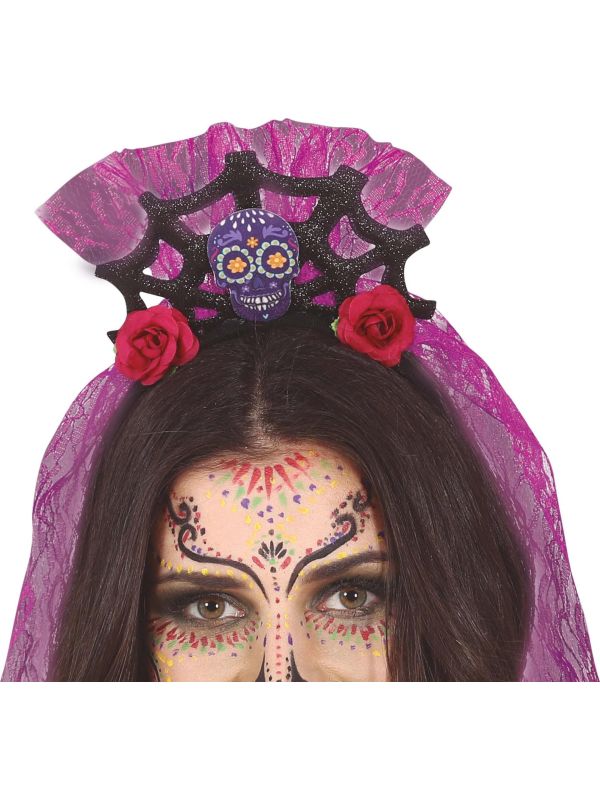 Paarse Día de Muertos haarband met sluier