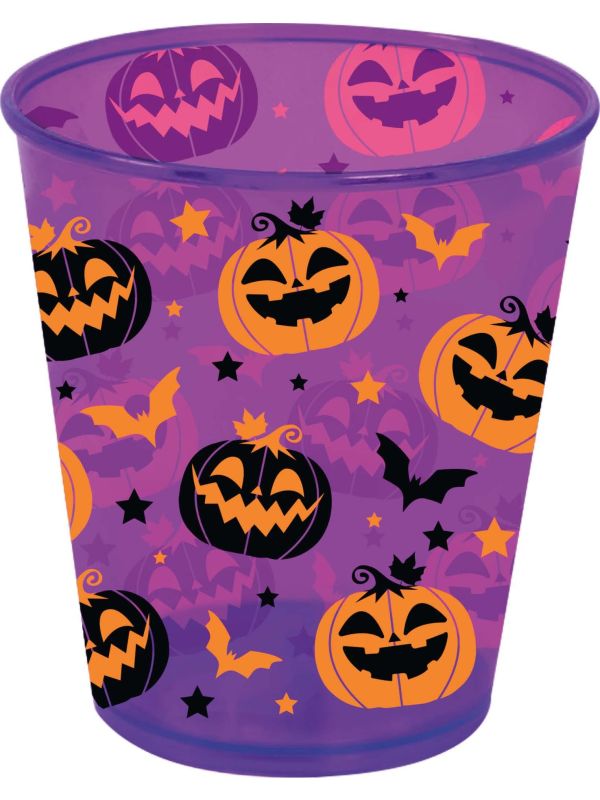 Paarse drinkbeker pompoen en vleermuis plastic 10 cm halloween