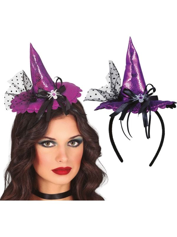 Paarse heksenhoed met spinnenstrik haarband halloween