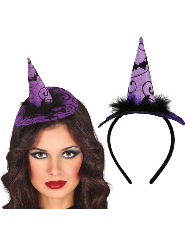 Paarse mini heksenhoed haarband halloween main product photo