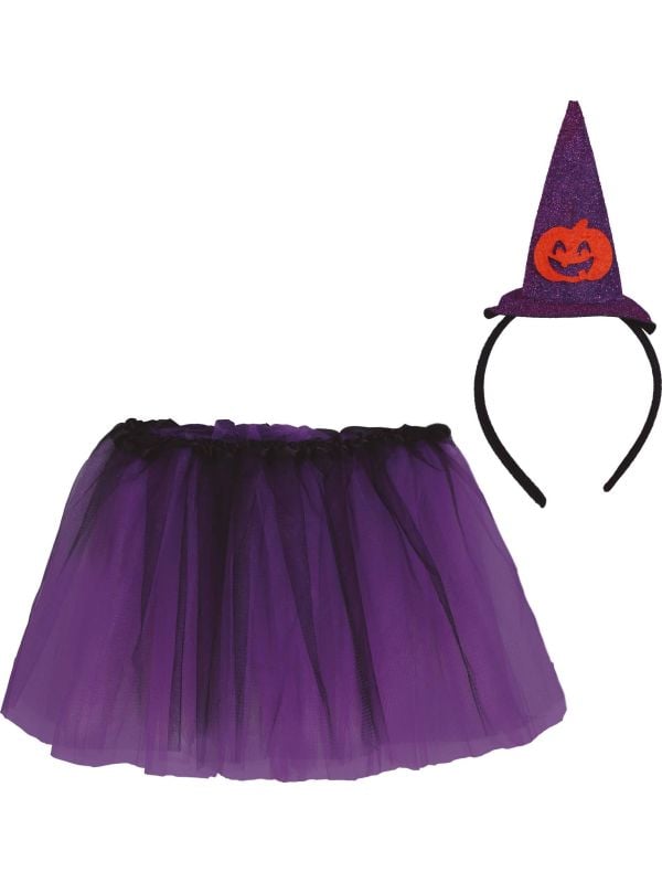 Paarse tutu met heksenhoed haarband kind 30 cm halloween
