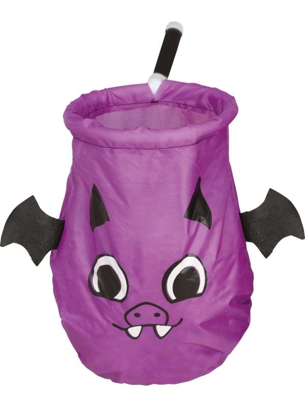 Paarse vleermuis snoepzak met stok halloween