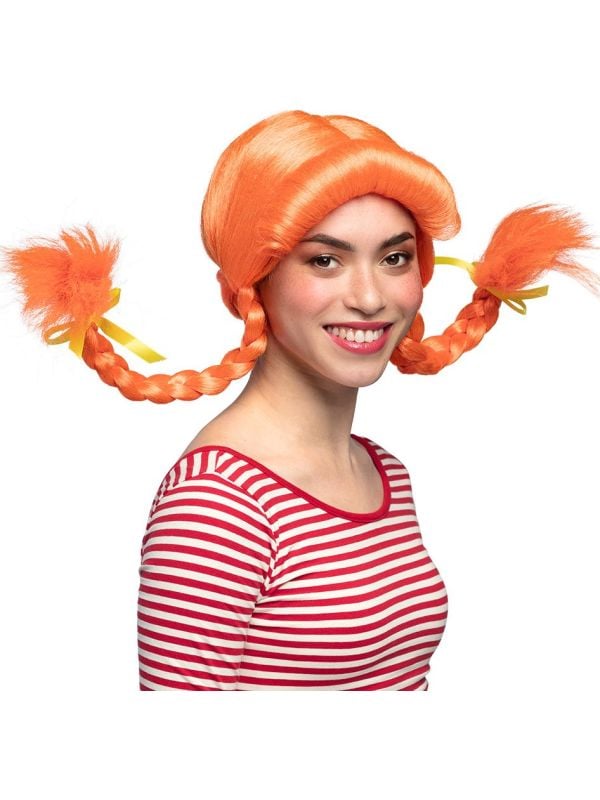 Pippi Langkous vlechten pruik oranje