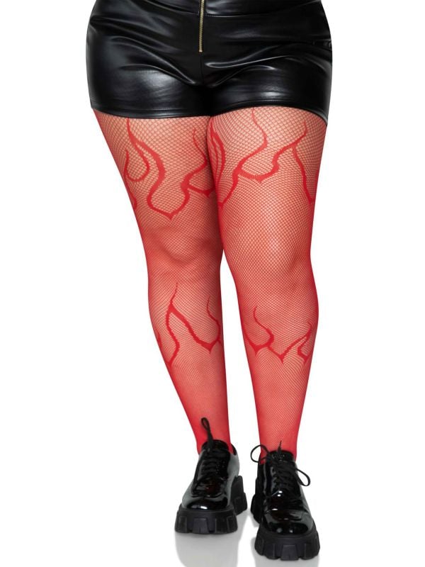 Plussize net panty met vlammen rood