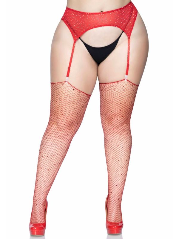 Plussize rode visnet kousen met strass