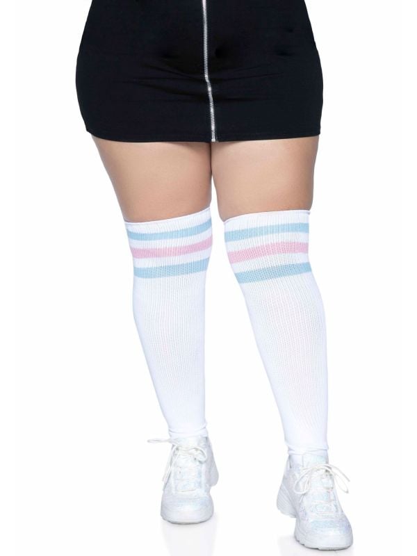 Plussize witte sportieve kousen met blauw roze strepen