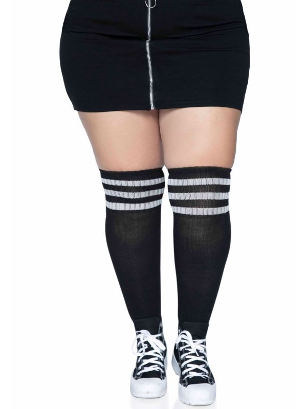 Plussize zwarte sportieve kousen met witte strepen main product photo
