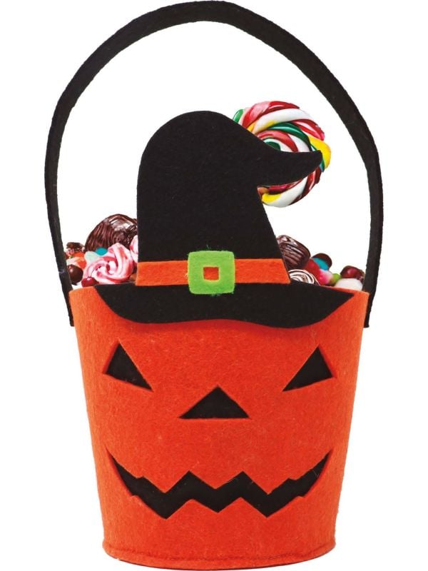Pompoen met heksenhoed snoepmandje 25 x 13 cm halloween