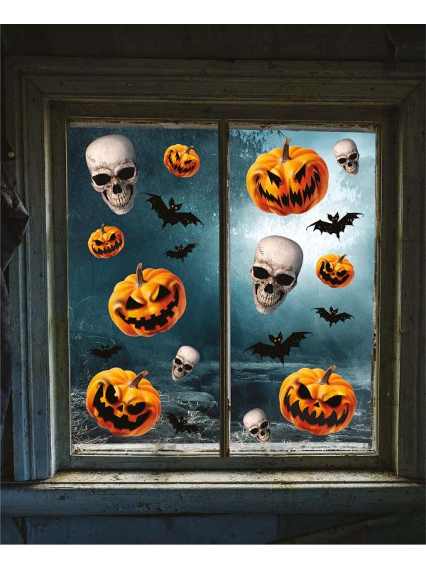 Raamdecoratie pompoen en schedel 30 x 40 cm halloween