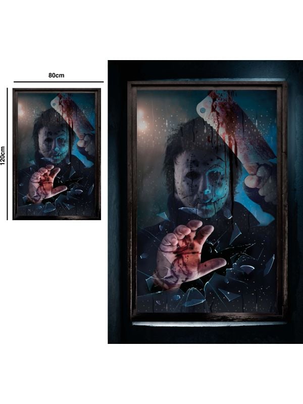 Raamdecoratie poster moordenaar met bijl 80 x 120 cm halloween