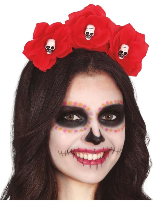 Rode bloemenhaarband met schedels halloween