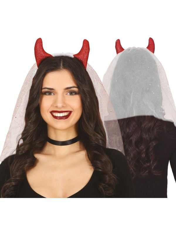 Rode duivel horen diadeem met sluier halloween
