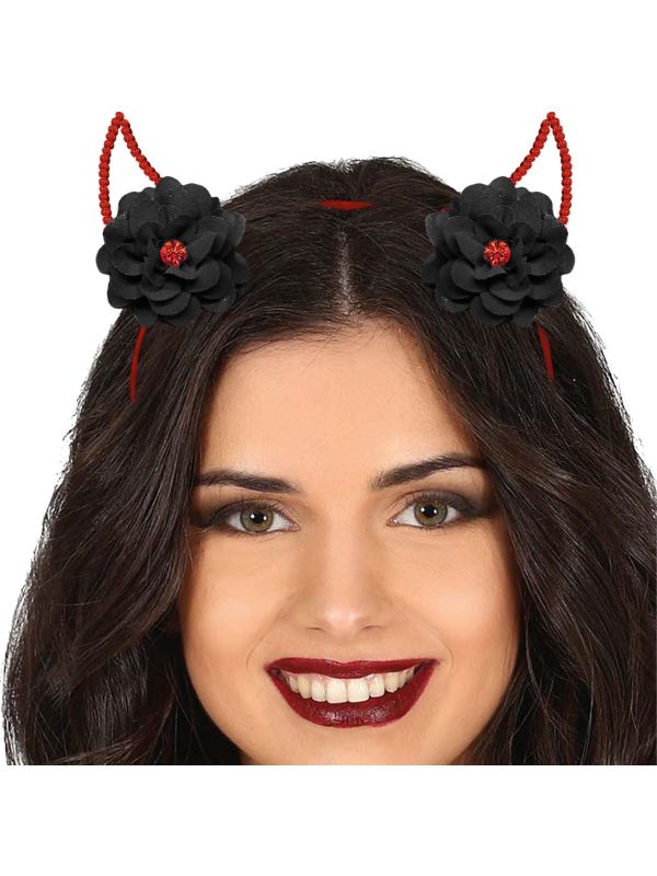 Rode duivel horen haarband met zwarte bloem halloween