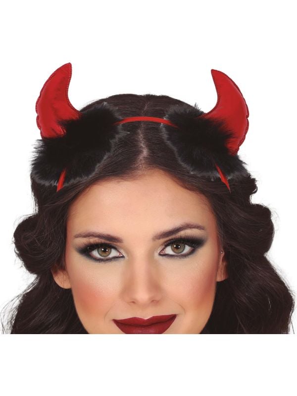 Rode duivel horen haarband met zwarte boa halloween