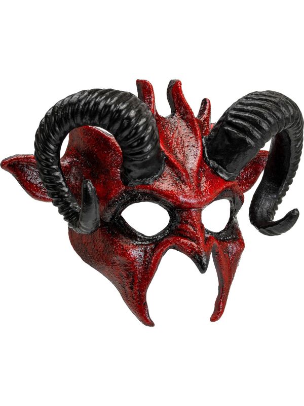 Rode Duivel Masker met Zwarte Hoorns