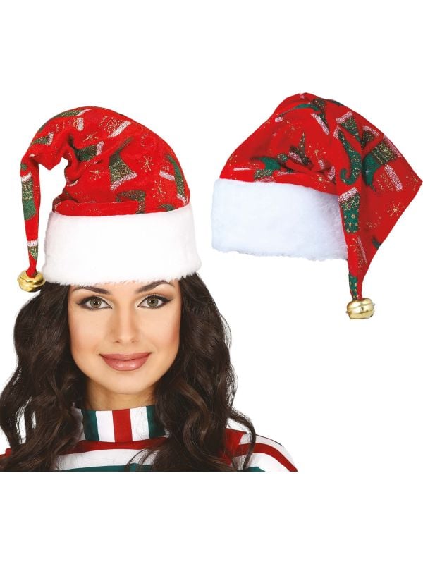 Rode glitter kerstmuts met kerstsokken