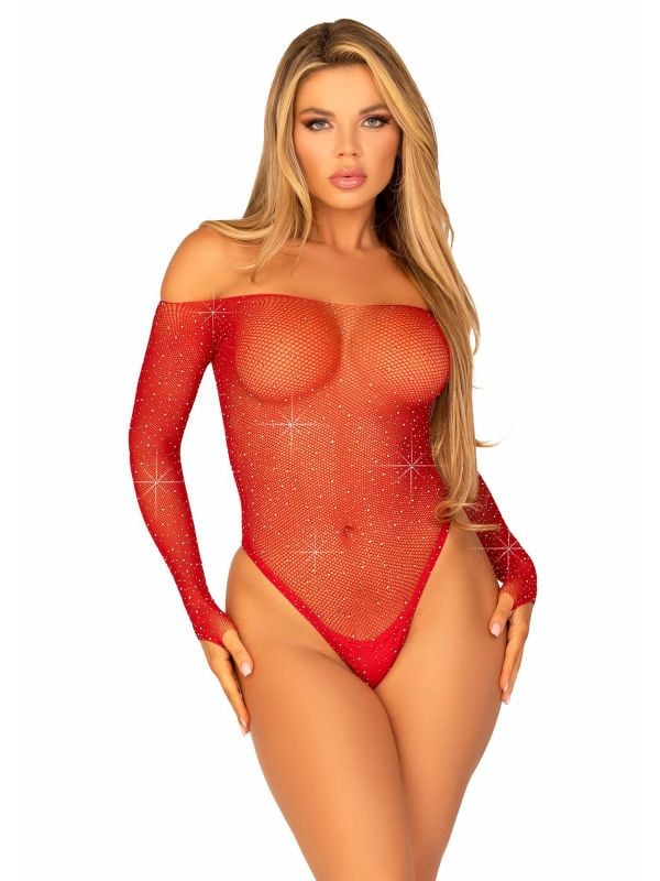 Rode visnet body met strass steentjes