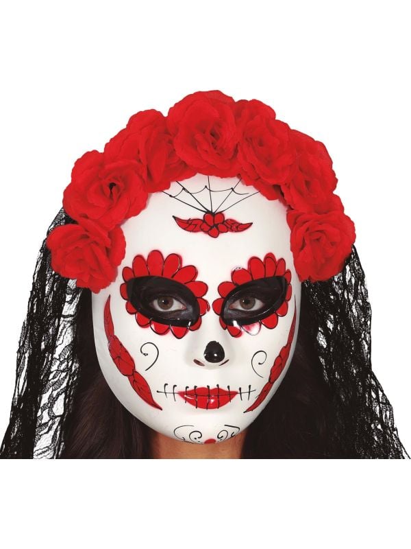 Rood Día de Muertos masker met sluier