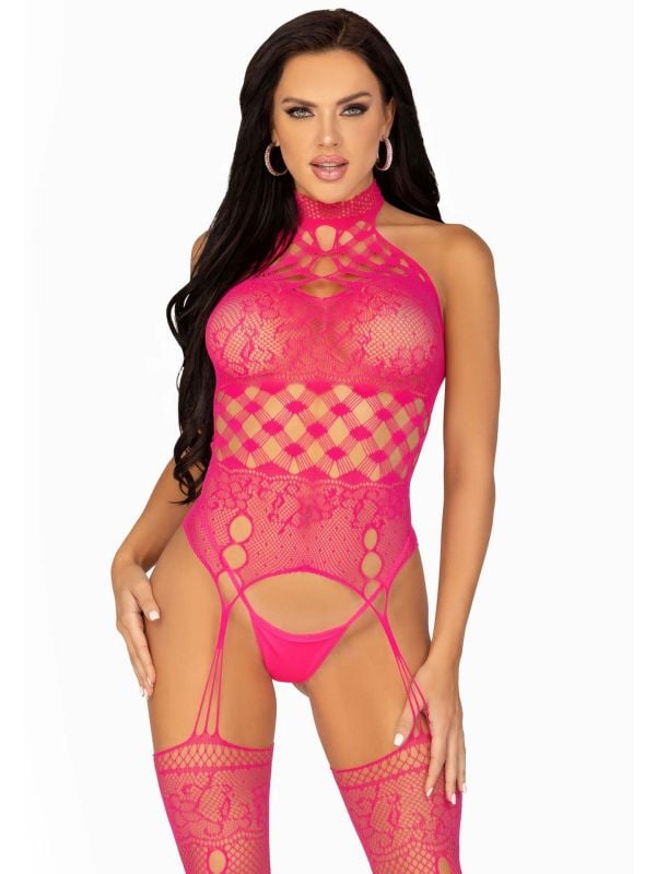 Roze kanten hoge nek bodystocking dames