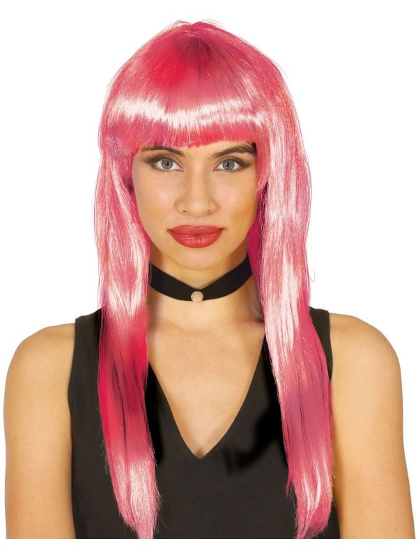 Roze lange pruik met pony main product photo