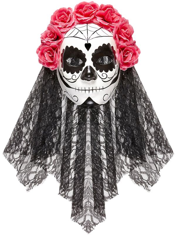 Roze zwart day of the dead masker met sluier main product photo