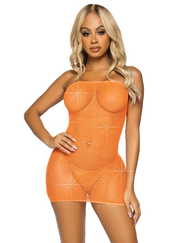 Sexy neon oranje strass visnet kokerjurkje main product photo