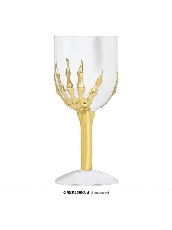Skelethand wijnglas wit/goud 18 cm halloween