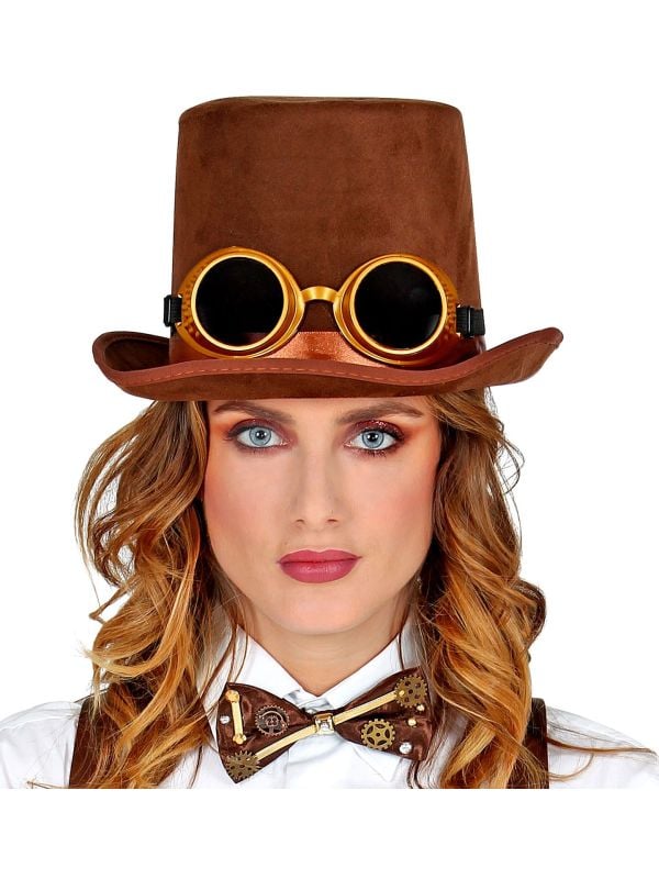 Steampunk hoed met bril bruin