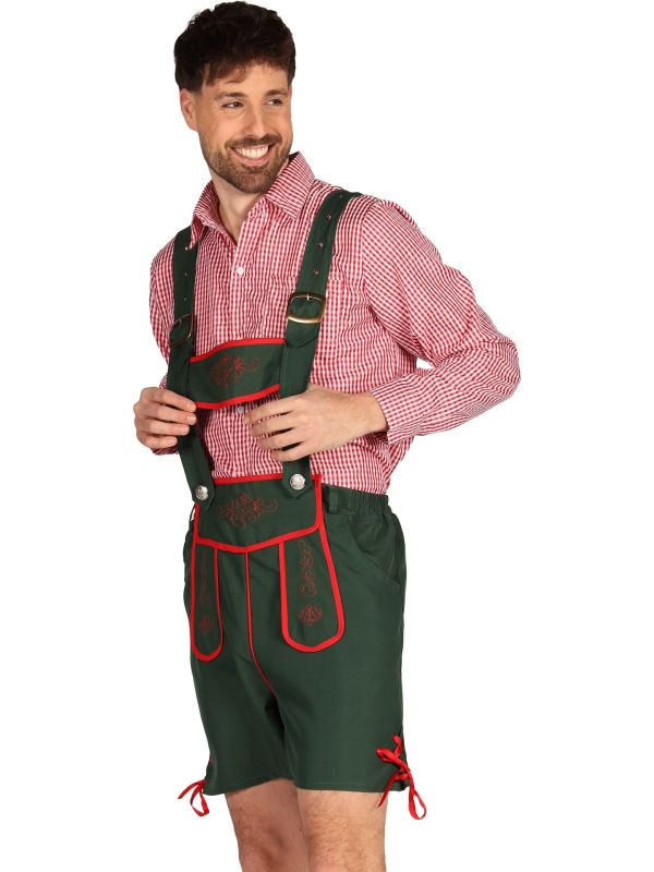 Tiroler Kostuum Heren Groene Lederhose met Rood Witte Blouse