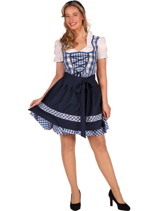 Tiroler Oktoberfest Jurk Blauw Wit met Schort Dames
