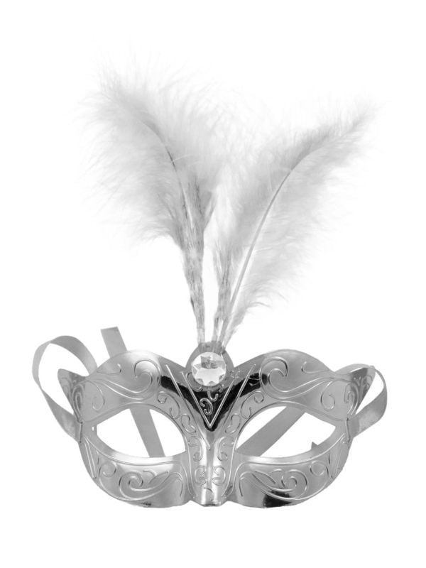 Venetiaans carnaval oogmasker zilver met veer