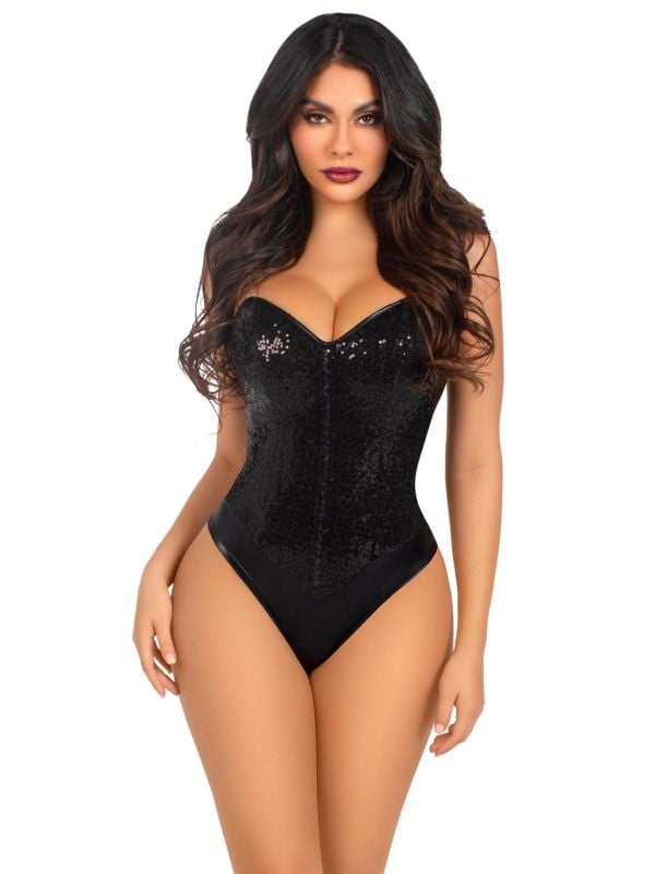 Verleidelijke zwarte pailletten korset bodysuit voor dames