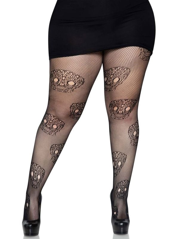 Visnet panty plus size zwarte doodskoppen