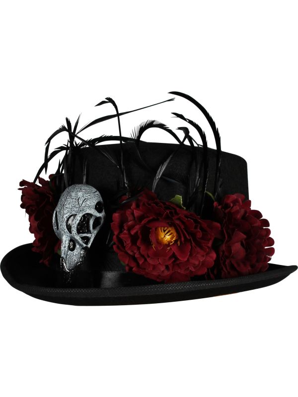 Voodoo Priest Hoed Zwart Skull Rozen Veren Halloween