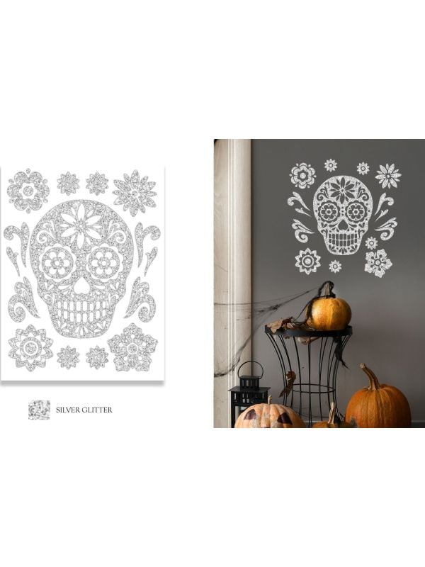 Wanddecoratie zilveren schedel glitter halloween