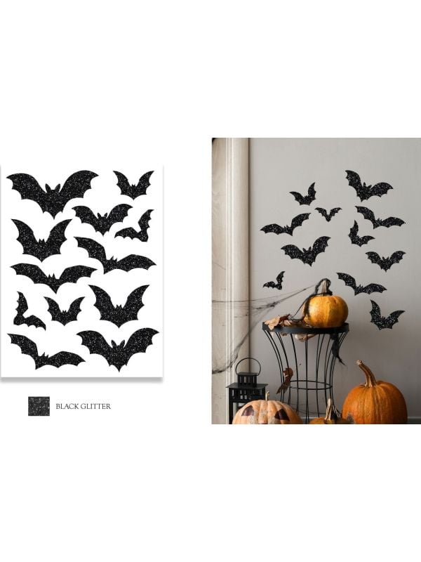 Wanddecoratie zwarte vleermuizen glitter halloween