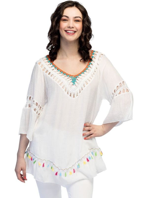 Wit 70s Hippie Tuniek met Kwastjes Dames