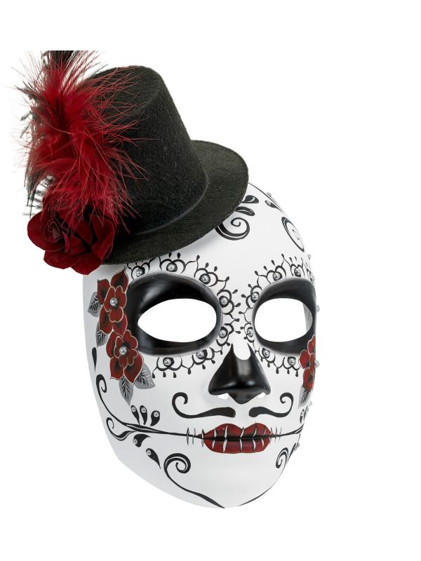 Wit Dia De Los Muertos Masker met Zwarte Hoed