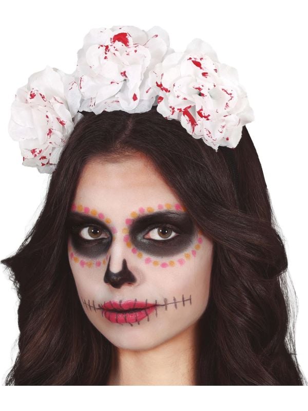 Witte bloemenhaarband bloederig halloween