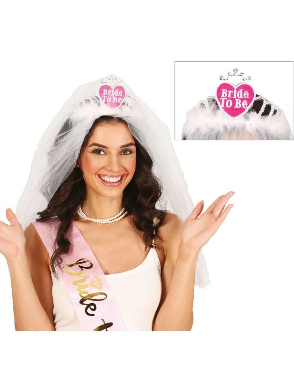 Witte Bruidsluier met Tiara Bride To Be Vrijgezellenfeest