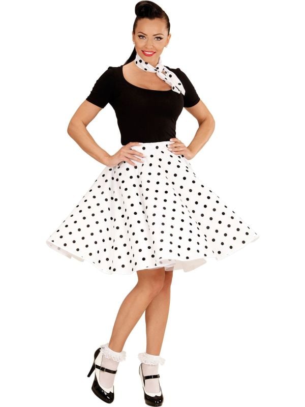 Witte jaren 50 rok met zwarte stippen en sjaal main product photo