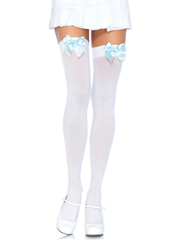 Witte nylon kniekousen met blauwe strik main product photo