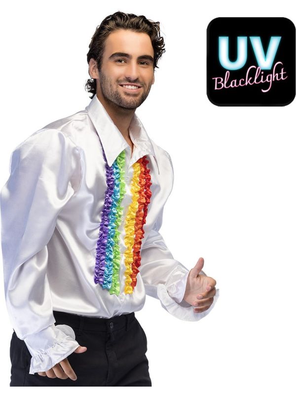 Witte Pride Partyblouse met Regenboog Ruches Heren
