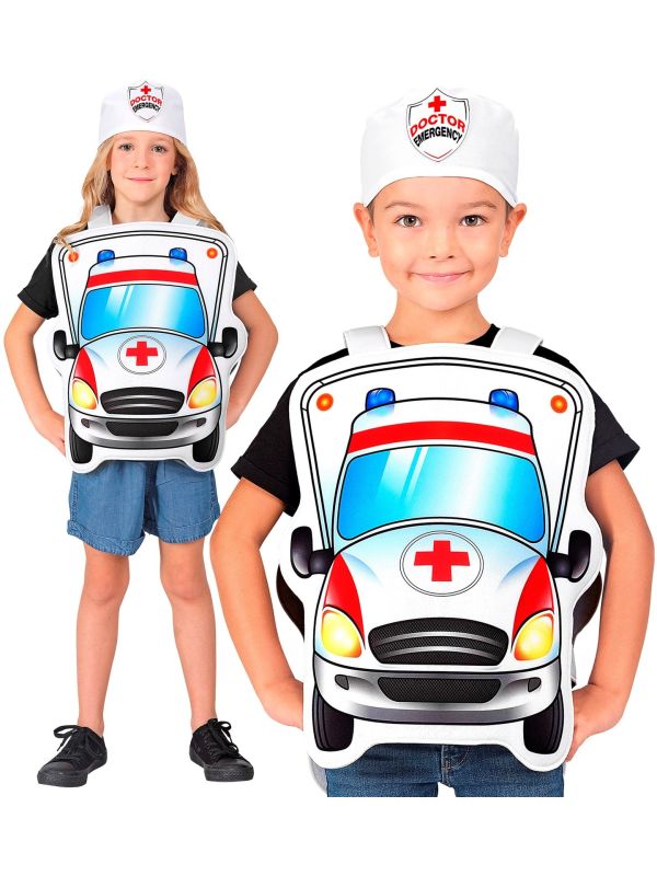 Witte Ziekenwagen Outfit met Muts Kind 110-116 cm