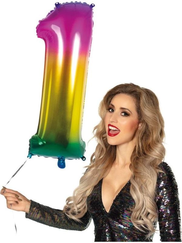 XXL regenboog ballon cijfer 1