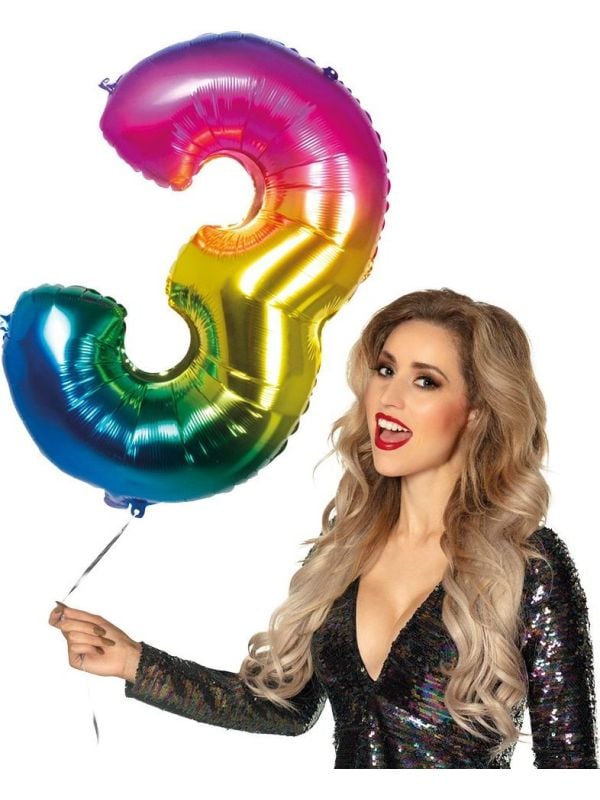 XXL regenboog ballon cijfer 3